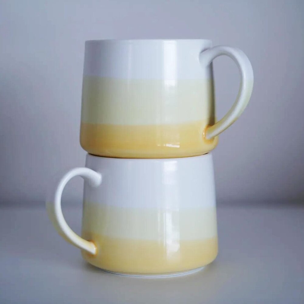Set of 2 Starbucks Coffee Mugs Yellow & White Ombre Dipped Glaze 10 oz 2014